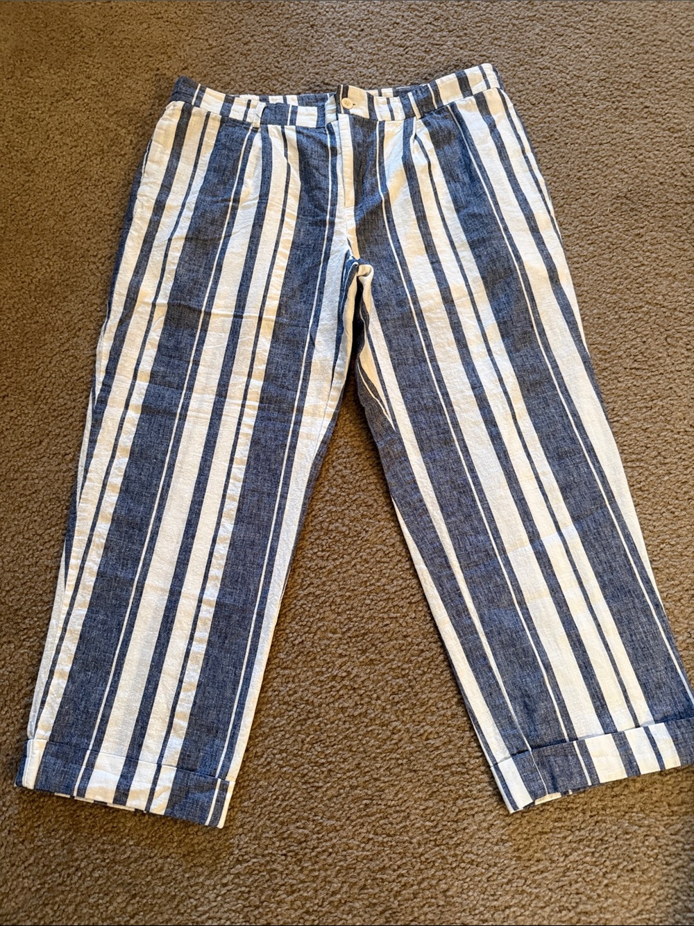 Striped Linen-Blend Cropped Pants - Navy & Cream large